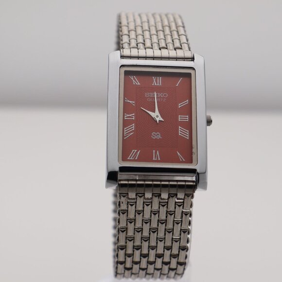 Seiko Slim Vintage Quartz Men's Wrist Watch Red  Dial with New Chain Bracelet - Picture 2 of 6